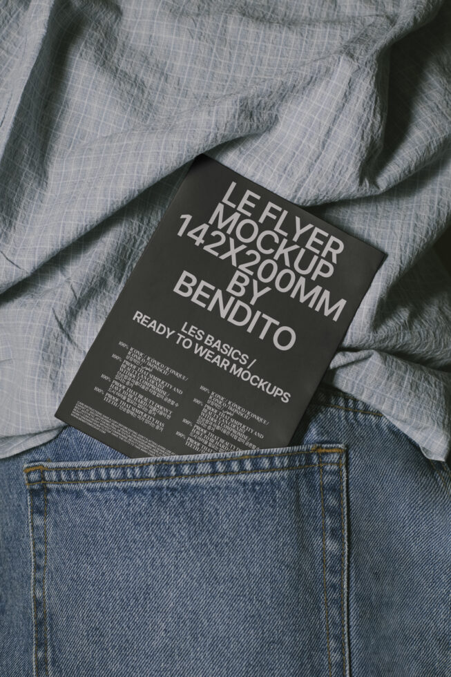Flyer mockup in denim pocket with crumpled fabric, template for designers, featuring modern, realistic design, 142x200mm, digital asset.