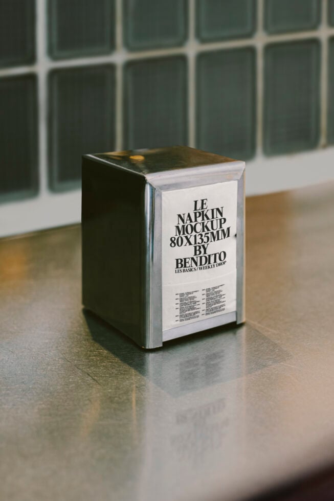 Metallic napkin holder with customizable design mockup for branding on stainless steel table. Perfect for product presentation and advertising material.