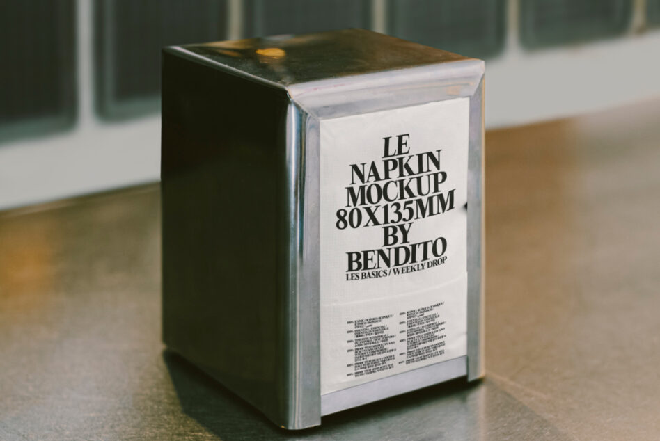 Napkin stack mockup 80x135mm with cream label angled view