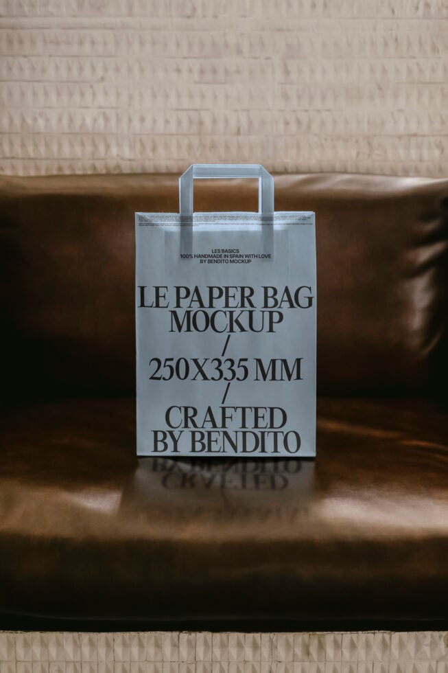 Paper bag mockup on leather couch 250x335 mm design template crafted by Bendito ideal for designers mockups packaging branding SEO Keywords: mockup paper bag