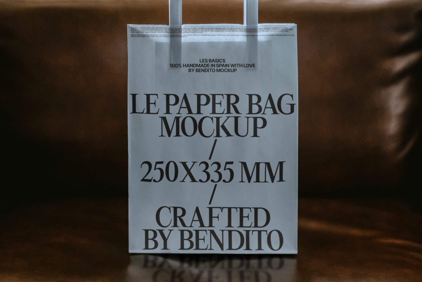 Paper bag mockup with bold text displaying 250x335 mm dimensions on a leather background perfect for creative designers seeking realistic presentations