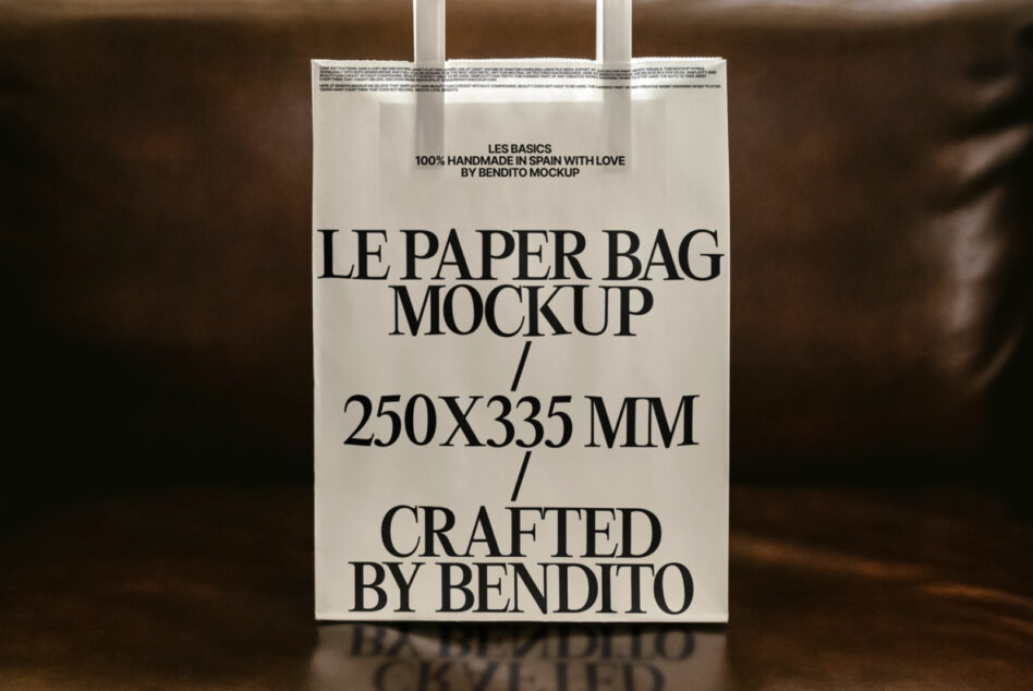Cream paper bag mockup 250x335mm hanging on white string