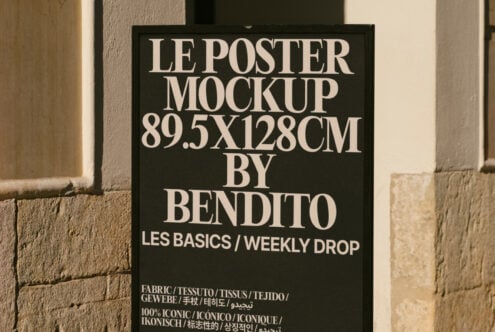 Poster mockup display on street with text details. 89.5x128cm size. Ideal for showcasing design templates and graphic design projects.