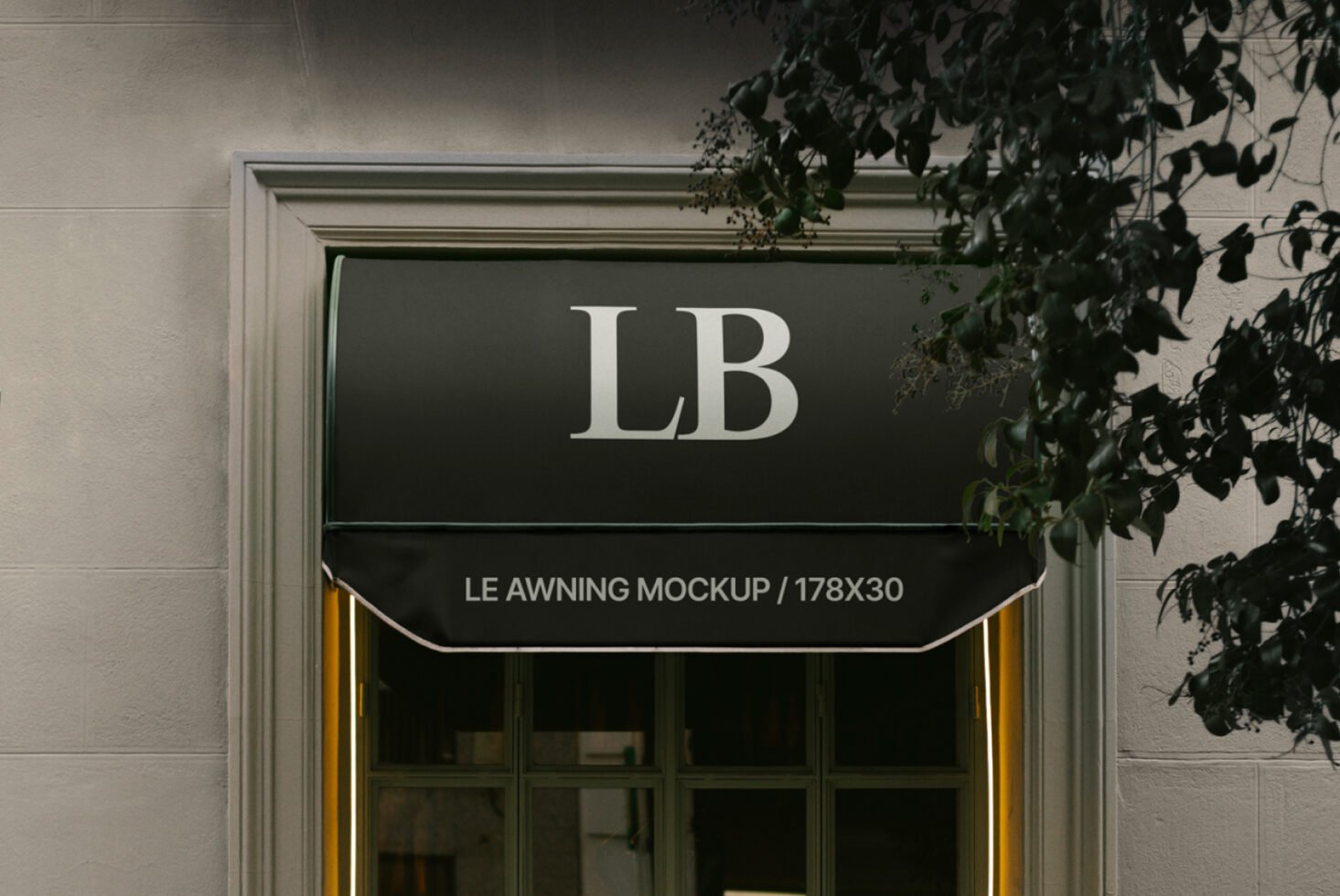 Awning mockup over window with LB text. Ideal for showcasing branding designs. Mockups SEO keywords design template digital assets designers.
