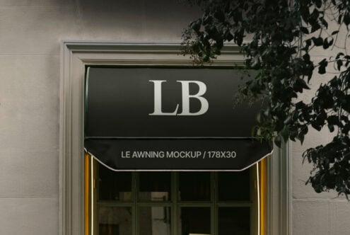 Awning mockup over window with LB text. Ideal for showcasing branding designs. Mockups SEO keywords design template digital assets designers.