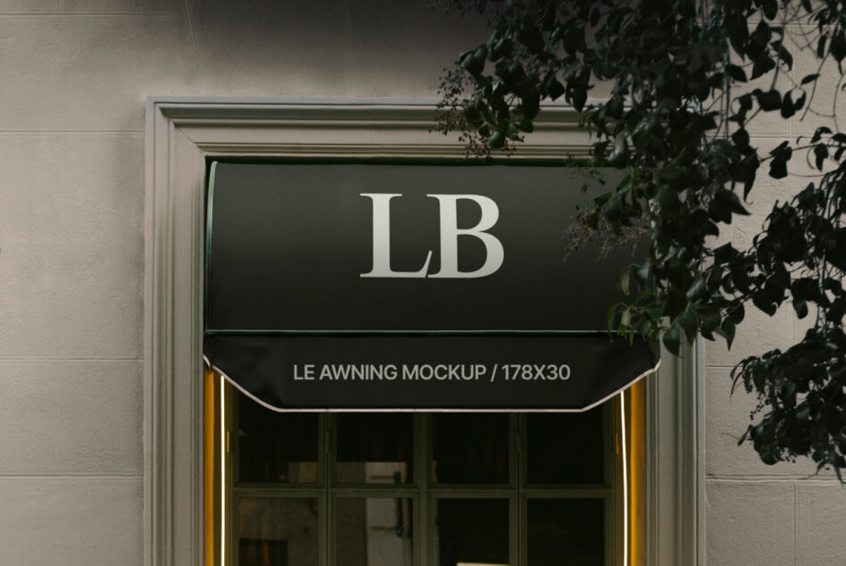 Awning mockup over window with LB text. Ideal for showcasing branding designs. Mockups SEO keywords design template digital assets designers.