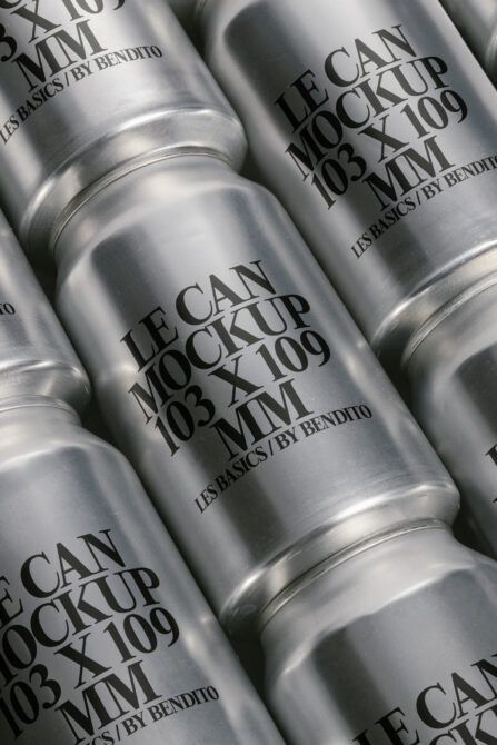 Silver can mockup design featuring sleek typography. Ideal for branding presentations and showcasing beverage packaging concepts. Perfect for designers.