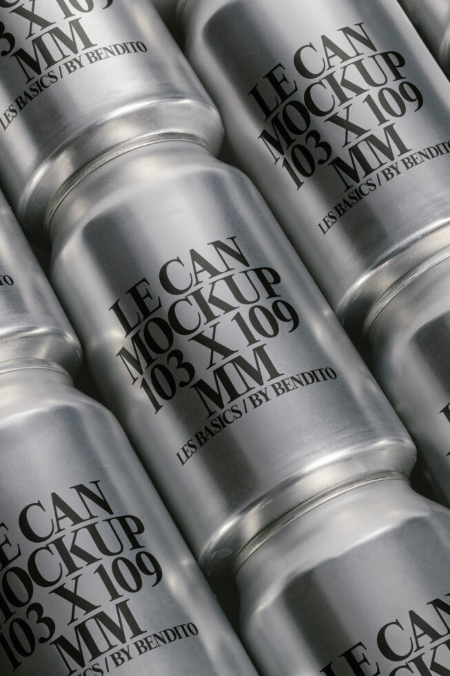 Silver can mockup design featuring sleek typography. Ideal for branding presentations and showcasing beverage packaging concepts. Perfect for designers.
