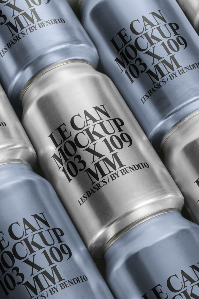 Aluminum can mockup featuring seamless design, customizable 103x109mm template for branding. Ideal for designers creating product presentations.