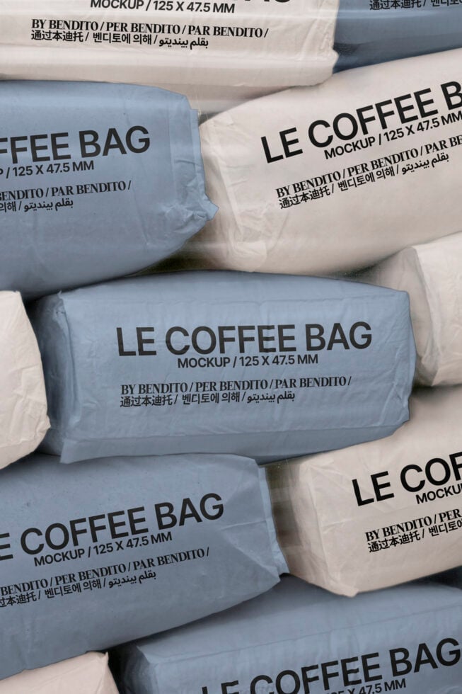Coffee bag mockup in minimalist style with text in multiple languages. Ideal for designers in need of packaging templates or branding graphics.
