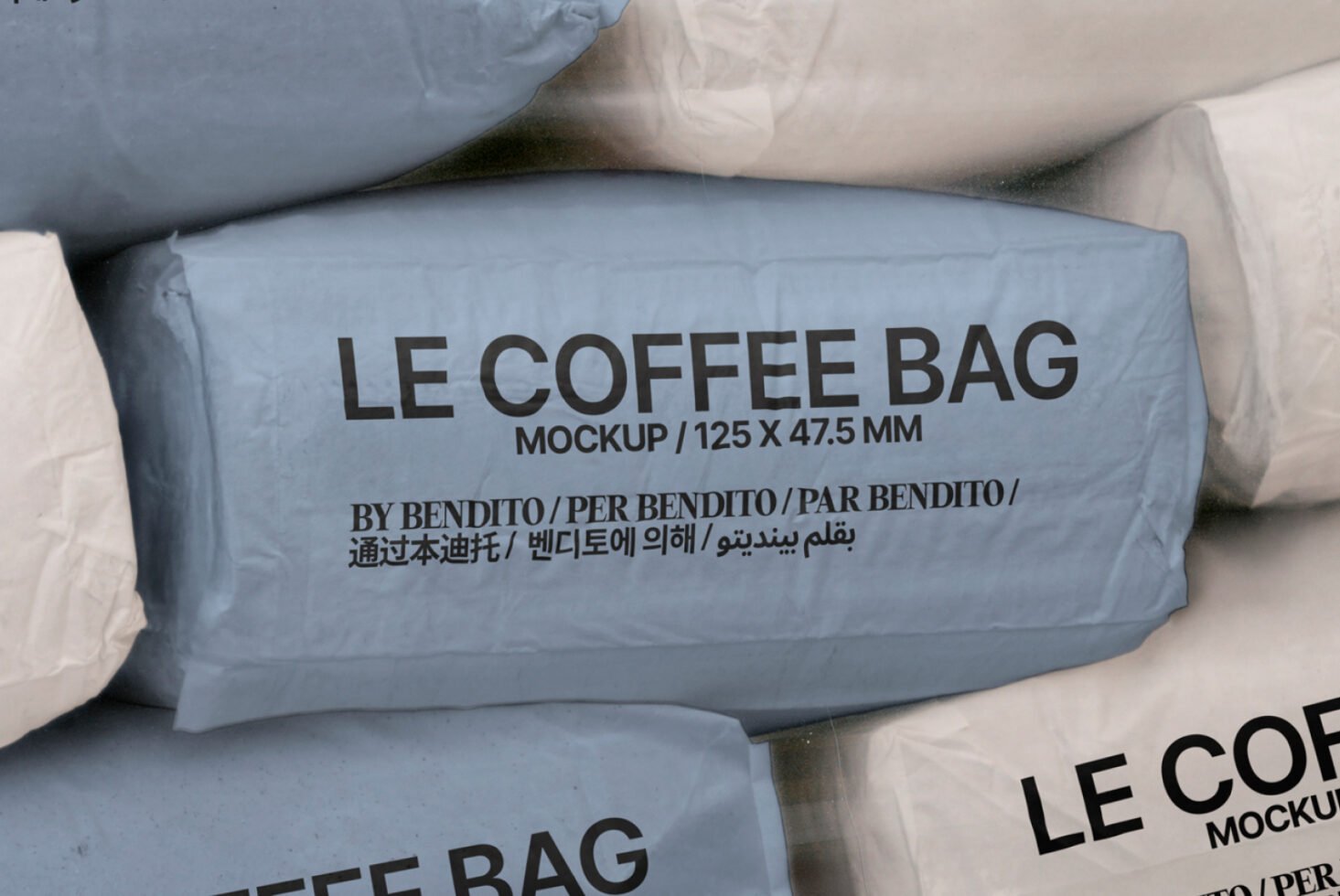 Coffee bag mockup design by Bendito showcasing multilanguage text optimized for digital assets market. Ideal for branding and packaging design projects.
