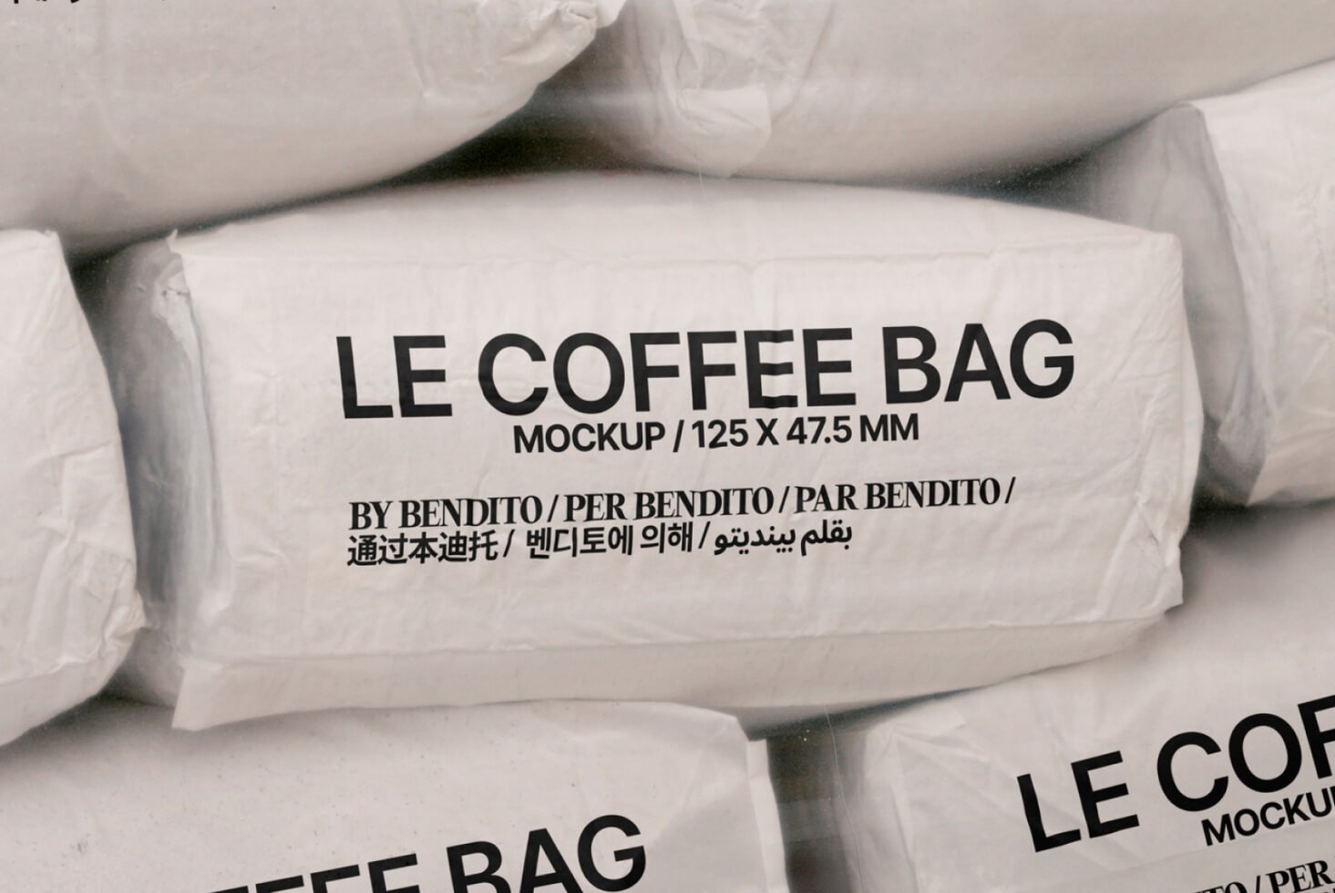 Coffee bag mockup design featuring minimalistic packaging layout font styles by Bendito ideal for branding projects and product presentations.