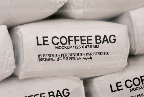 Coffee bag mockup design featuring minimalistic packaging layout font styles by Bendito ideal for branding projects and product presentations.