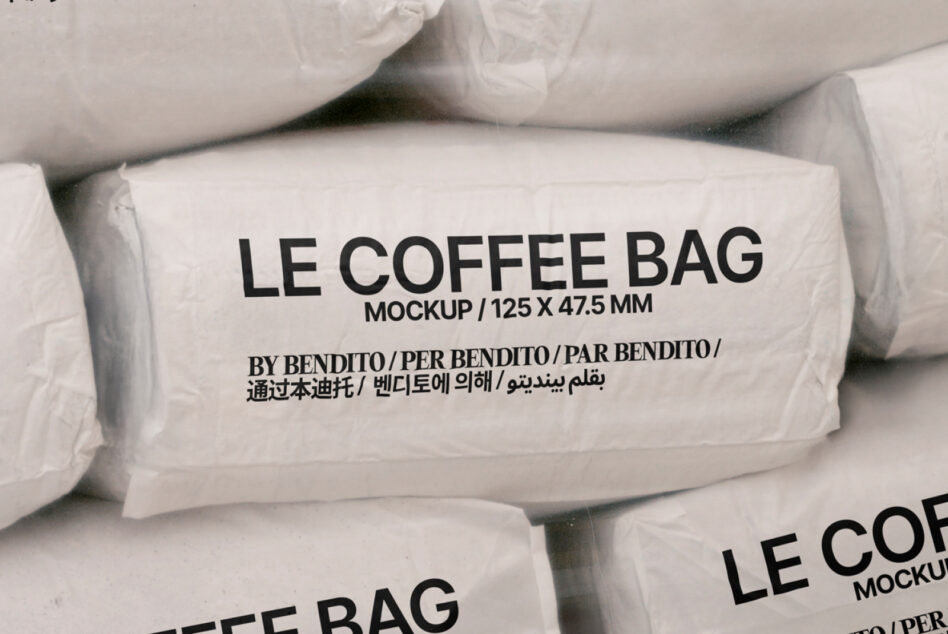 White kraft coffee bag mockup 125x47.5mm with black text overlay
