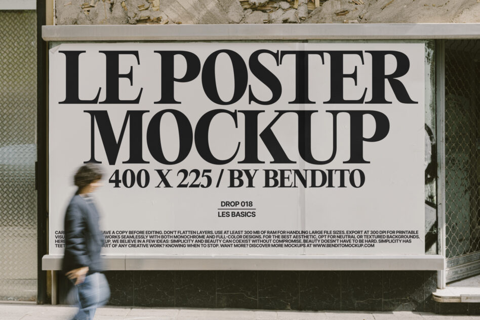 Large street window poster mockup with person walking by