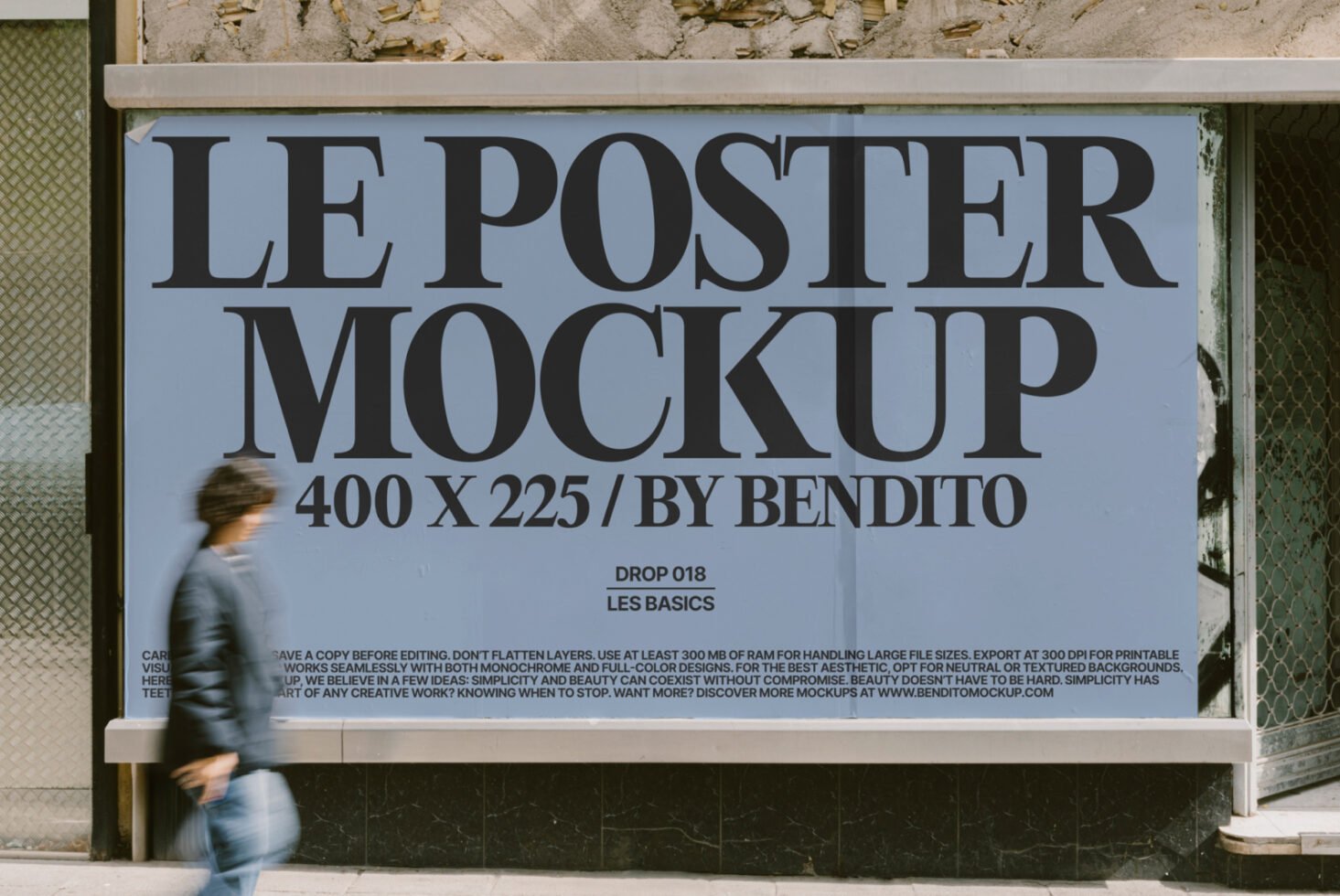 Large poster mockup in urban setting with person walking by. Perfect for showcasing designs. Keywords: poster, mockup, urban, design, template.