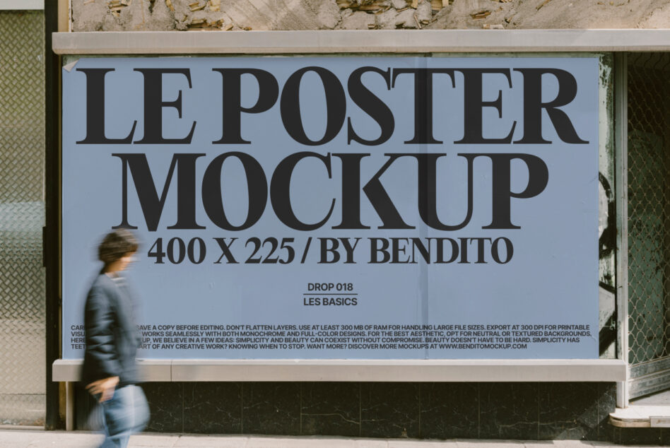 Blue street poster mockup with bold typography on weathered urban wall