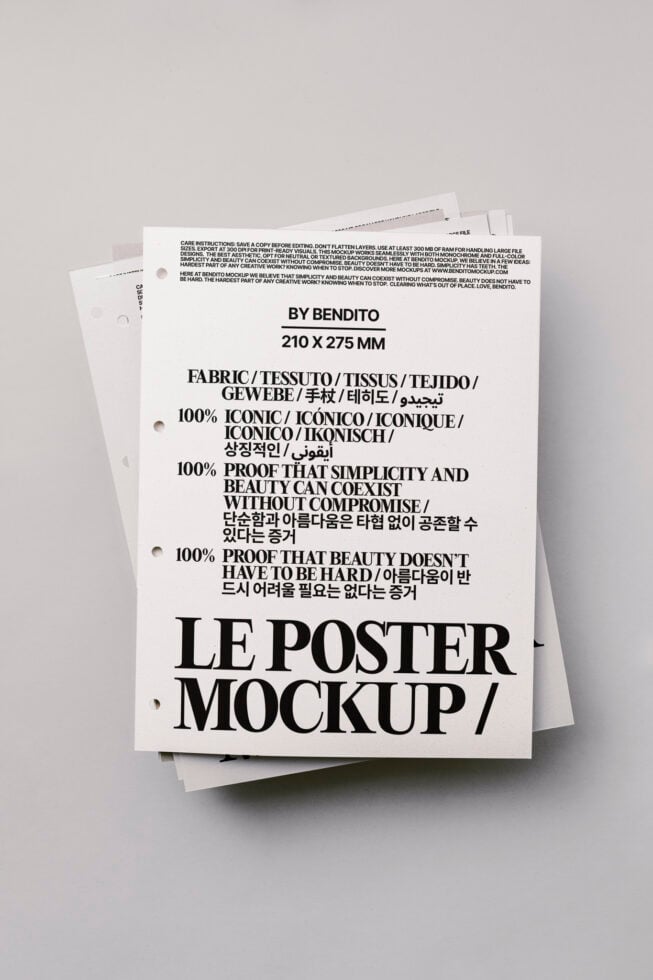 Poster mockup pack with multilingual text showcasing fabric texture design, ideal for graphics and templates. Dimensions 210x275mm for digital assets.