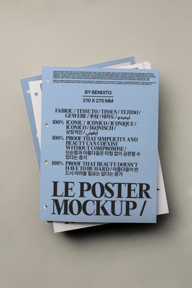Blue poster mockup with bold black typography featuring international text. Suitable for designers seeking high-quality print templates and mockups.