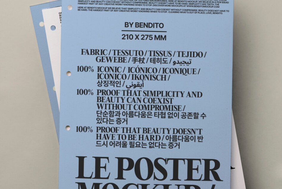 Blue poster mockup fanned out showing hole punch details