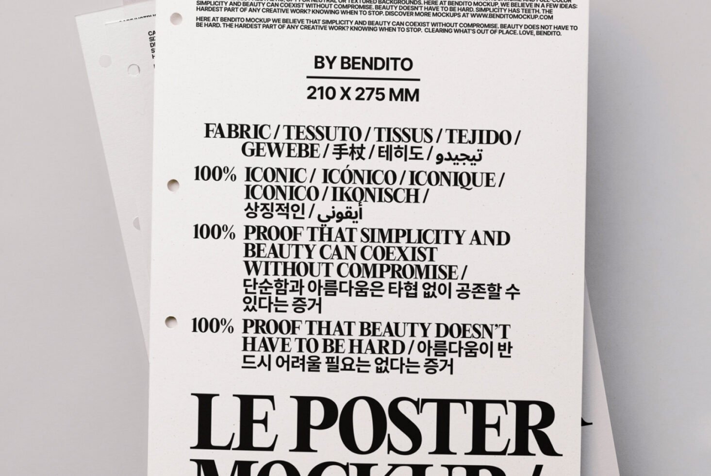 Poster mockup showcasing multilingual typography with various languages including English, Korean, Arabic. Ideal for designers seeking diverse templates.