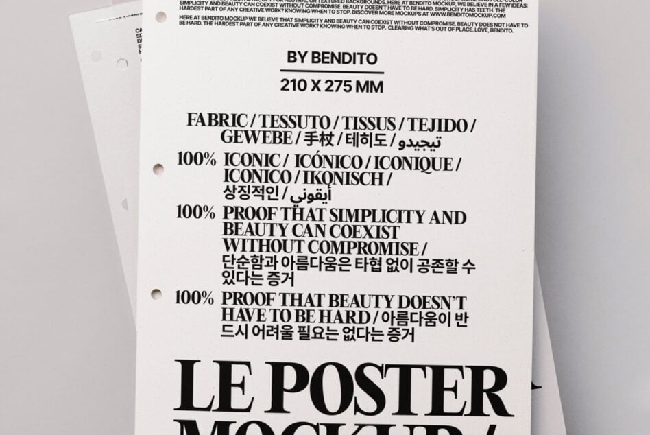 White poster mockup fanned out showing hole punch details