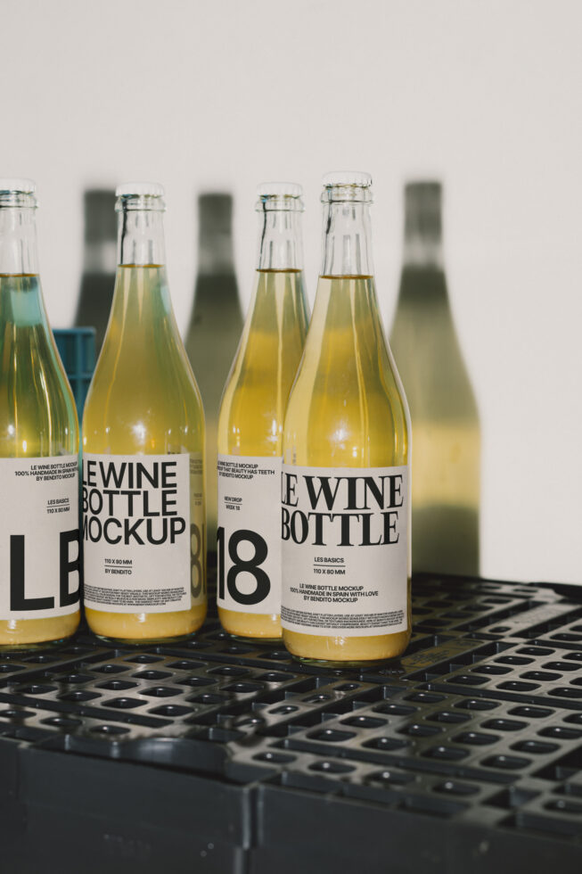 Wine bottle mockup set on display with minimal labels in bright lighting ideal for graphic designers product mockups branding and packaging projects.