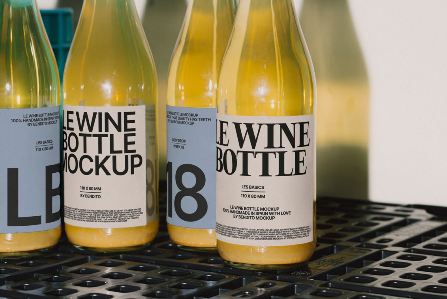 Wine bottle mockup featuring minimalist labels on yellow bottles placed on a black grid surface. Ideal for showcasing design projects in templates.