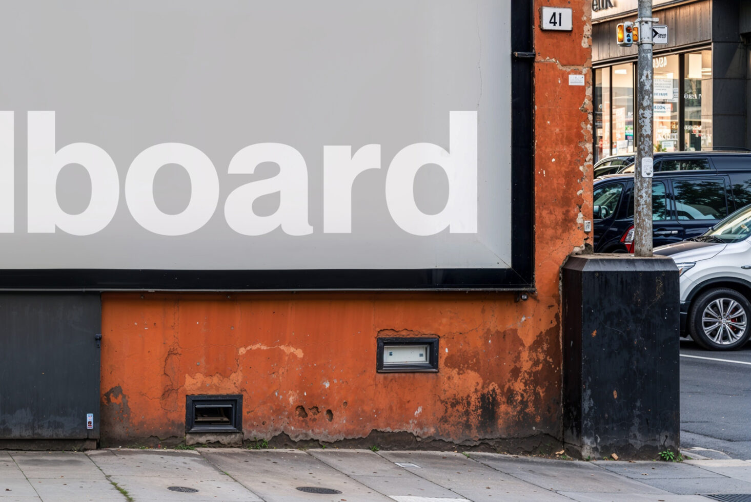 Urban billboard mockup on an orange wall with a street view, ideal for designers showcasing ad designs, outdoor advertising, or urban graphics.