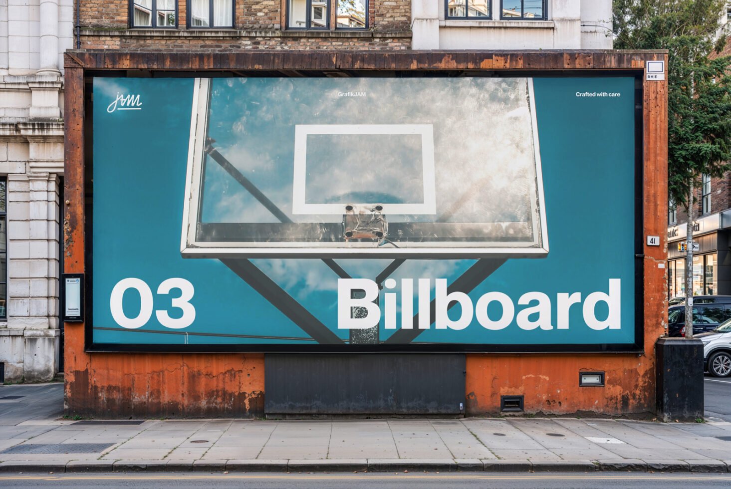 Street billboard mockup with basketball hoop graphic. Urban setting. Suitable for designers, advertising templates, marketing visuals.