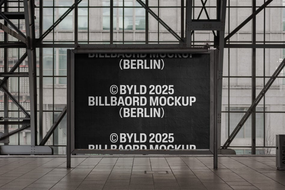 Dark billboard mockup in glass transit shelter with black text displayed