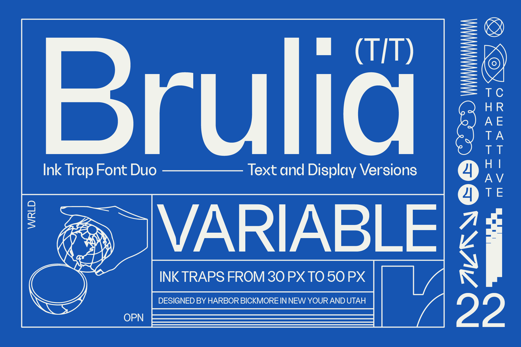 Brulla typeface specimen sheet showing font duo with variable ink trap options