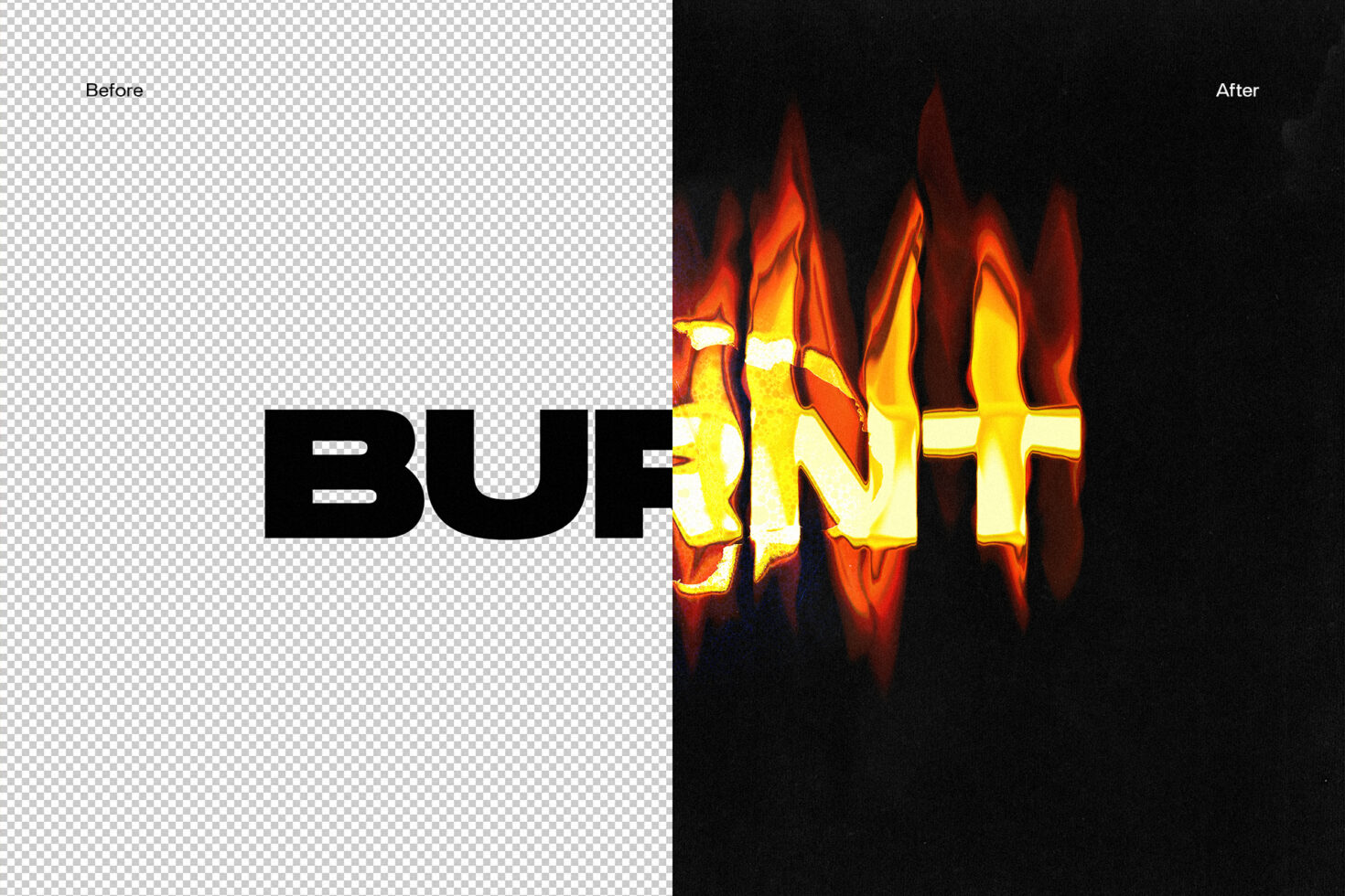 Burnt text effect showing before and after transformation with fiery elements ideal for graphic designers fonts typography digital assets mockup templates.