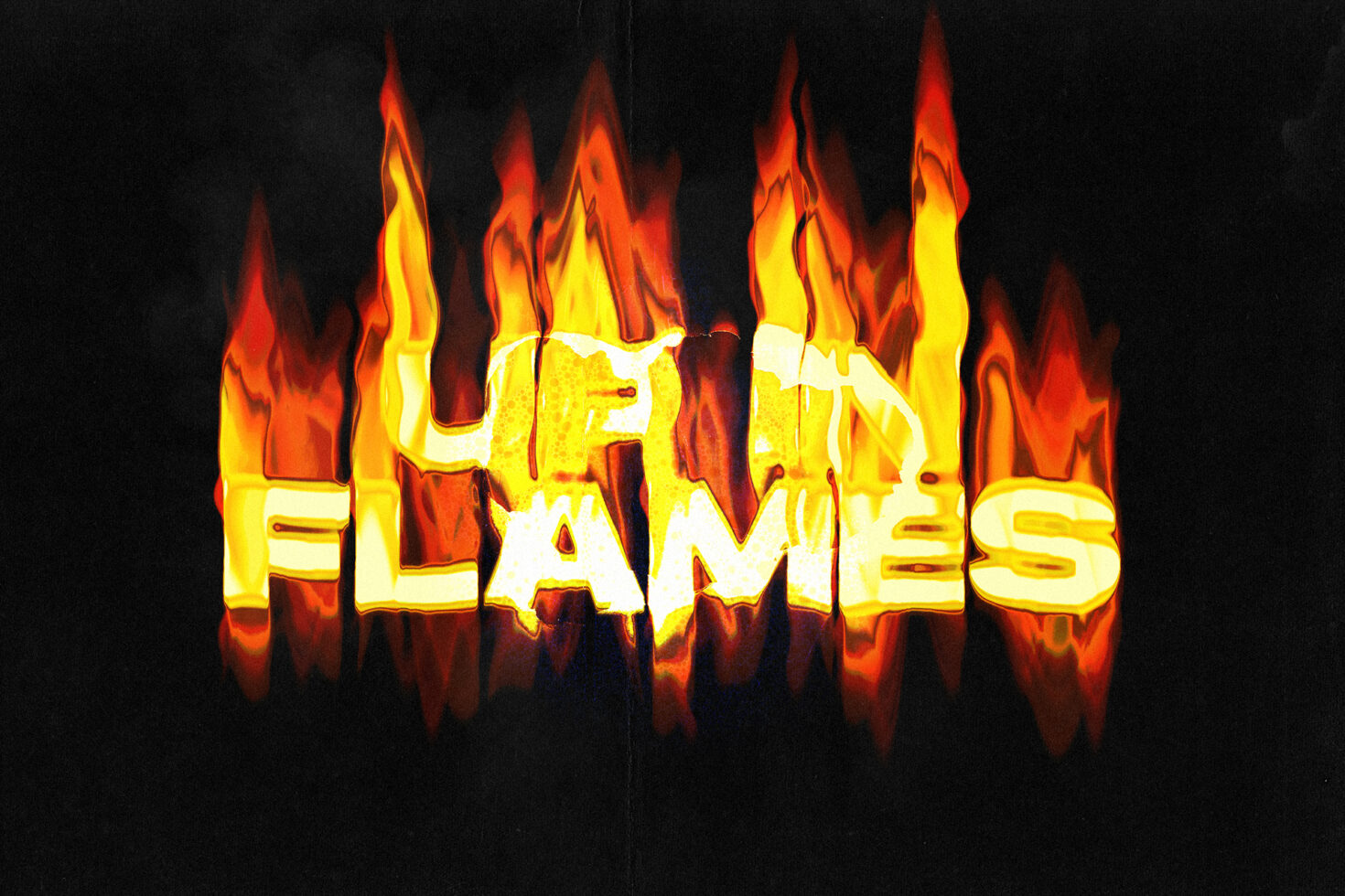 Fiery text graphic spells Up In Flames with burning flame effect over black background ideal for designers seeking dramatic typography assets