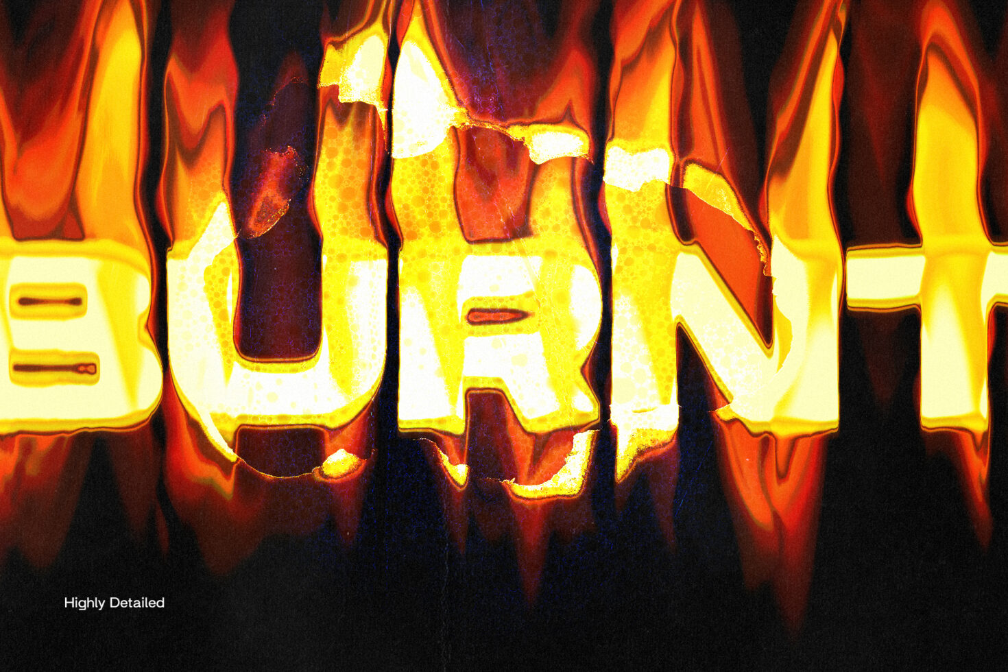 Burnt text graphic with fiery vibrant colors and abstract flame effect ideal for design projects and templates focusing on typography and fire themes.