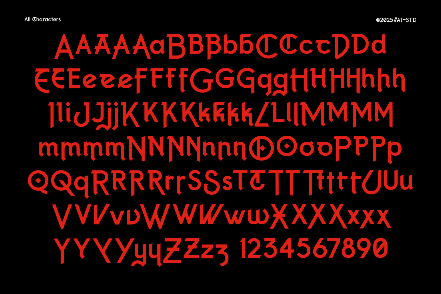 Red font character set display with uppercase, lowercase, numbers on black