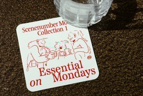 Coaster design showing cartoon characters with mugs. Red line art and text reads Essential Mondays. Suitable for mockups and graphic design assets.