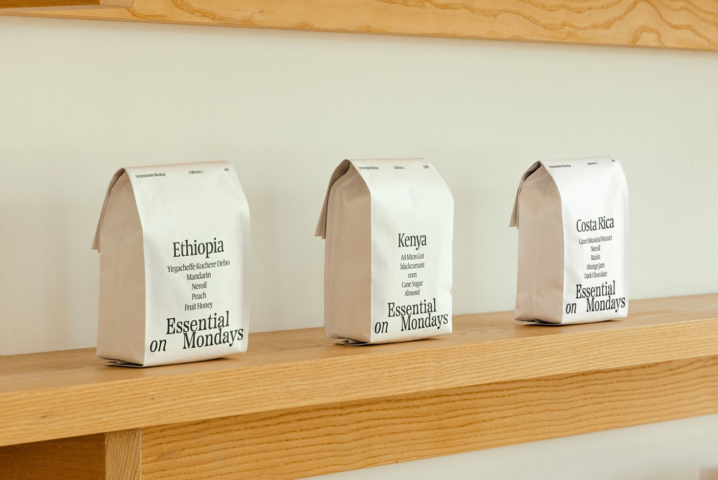 Three coffee bags labeled Ethiopia, Kenya, and Costa Rica on wooden shelf. Minimalist packaging design. Perfect for graphics and mockups.