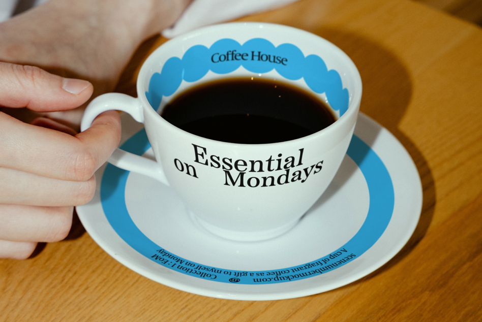 Hands holding white mug with blue scalloped rim detail