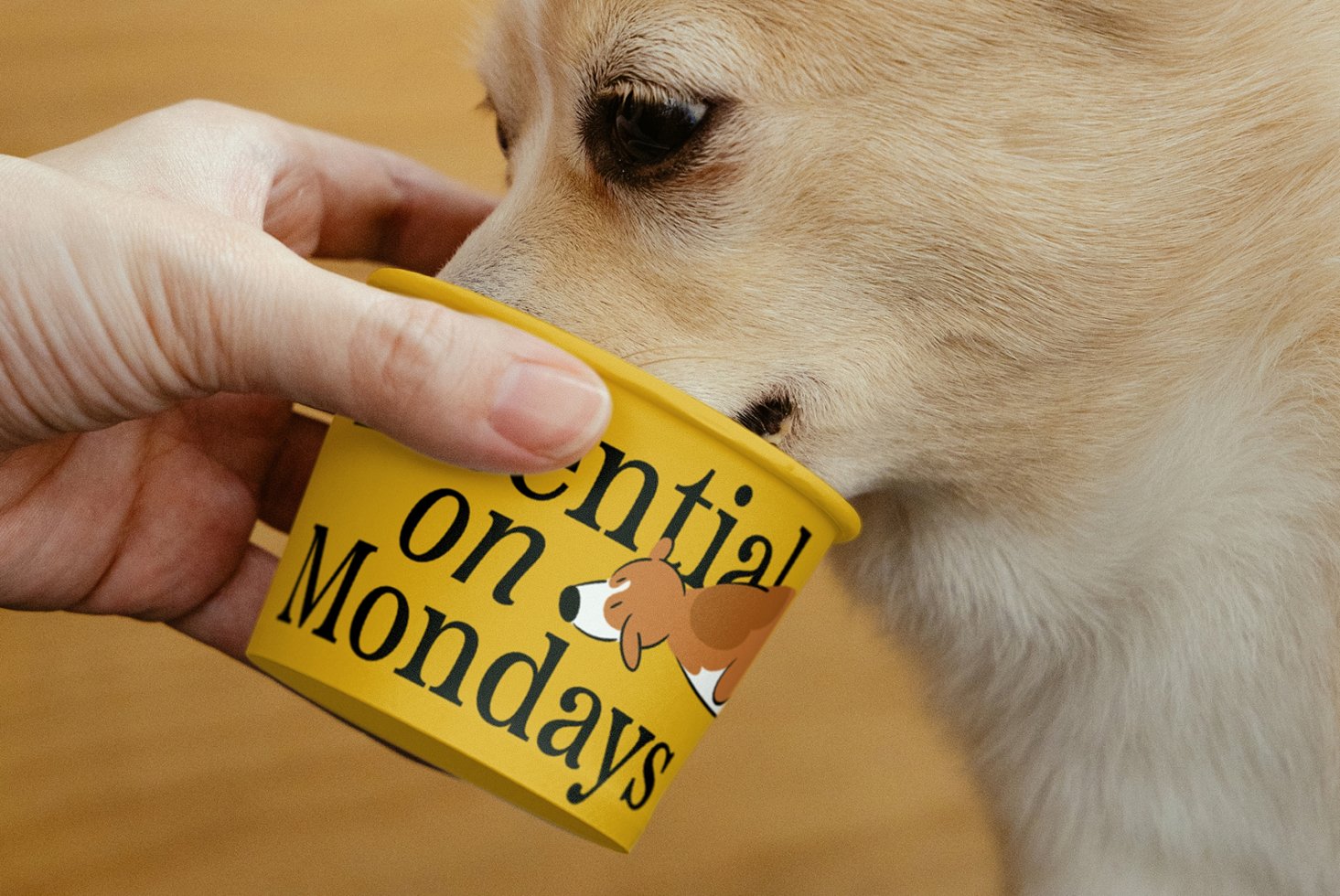 Dog drinking from a yellow cup with playful typography and cartoon design. Perfect for designers seeking unique graphics, templates, and mockup inspiration.