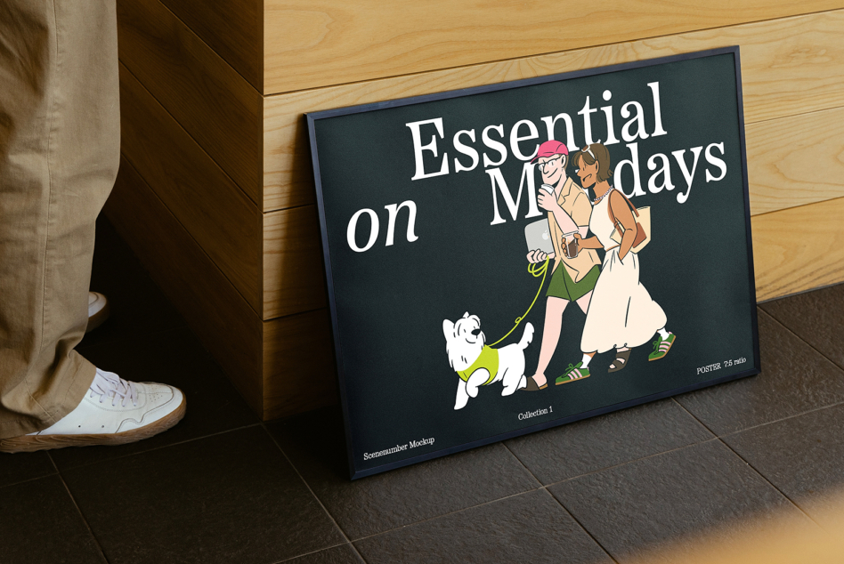 Dark teal horizontal poster mockup showing two people walking dog with Essential on Mondays
