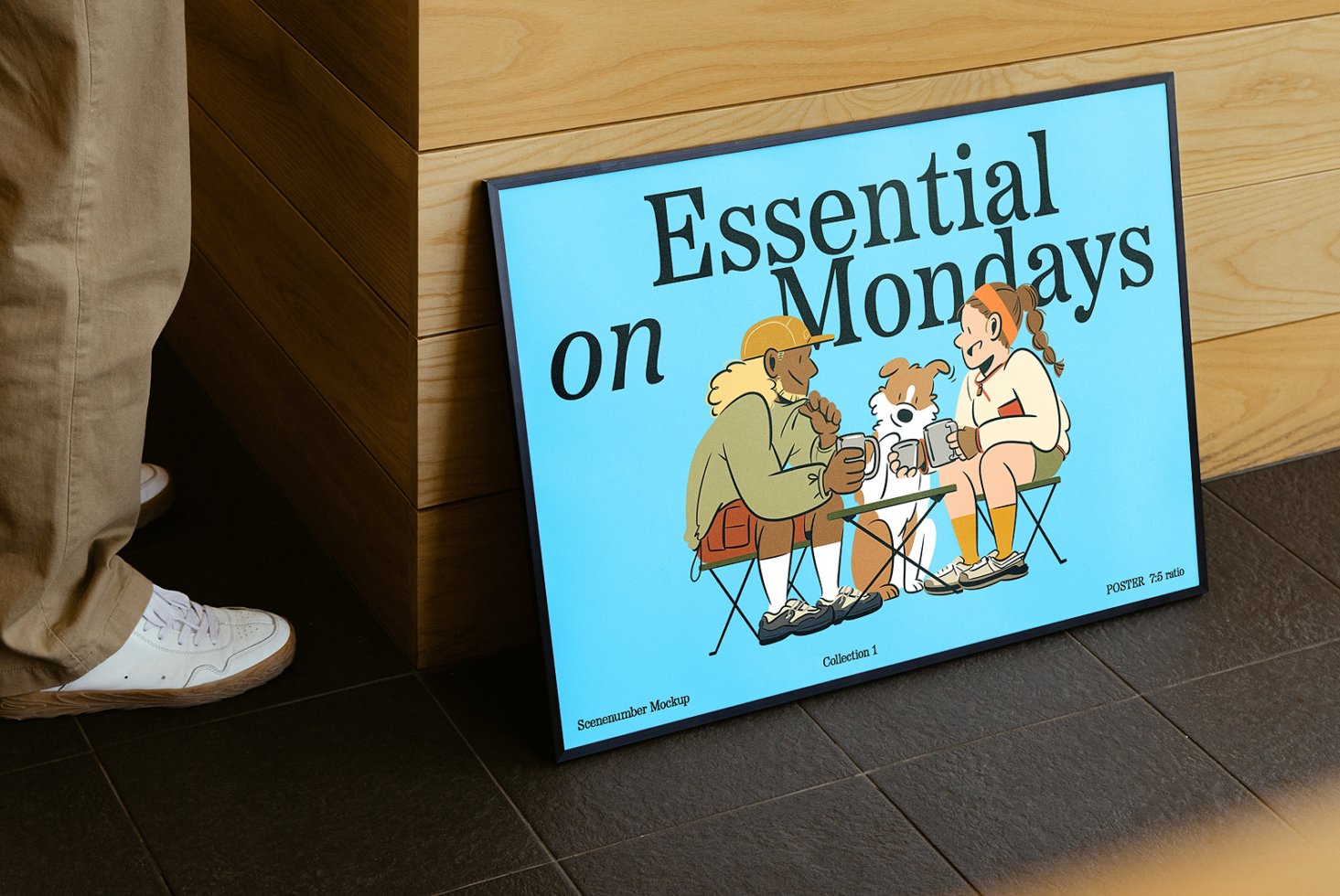 Framed poster mockup leaning against a wooden surface showing a colorful cartoon illustration with people and a dog. Ideal for design presentations.