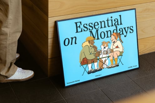 Framed poster mockup leaning against a wooden surface showing a colorful cartoon illustration with people and a dog. Ideal for design presentations.
