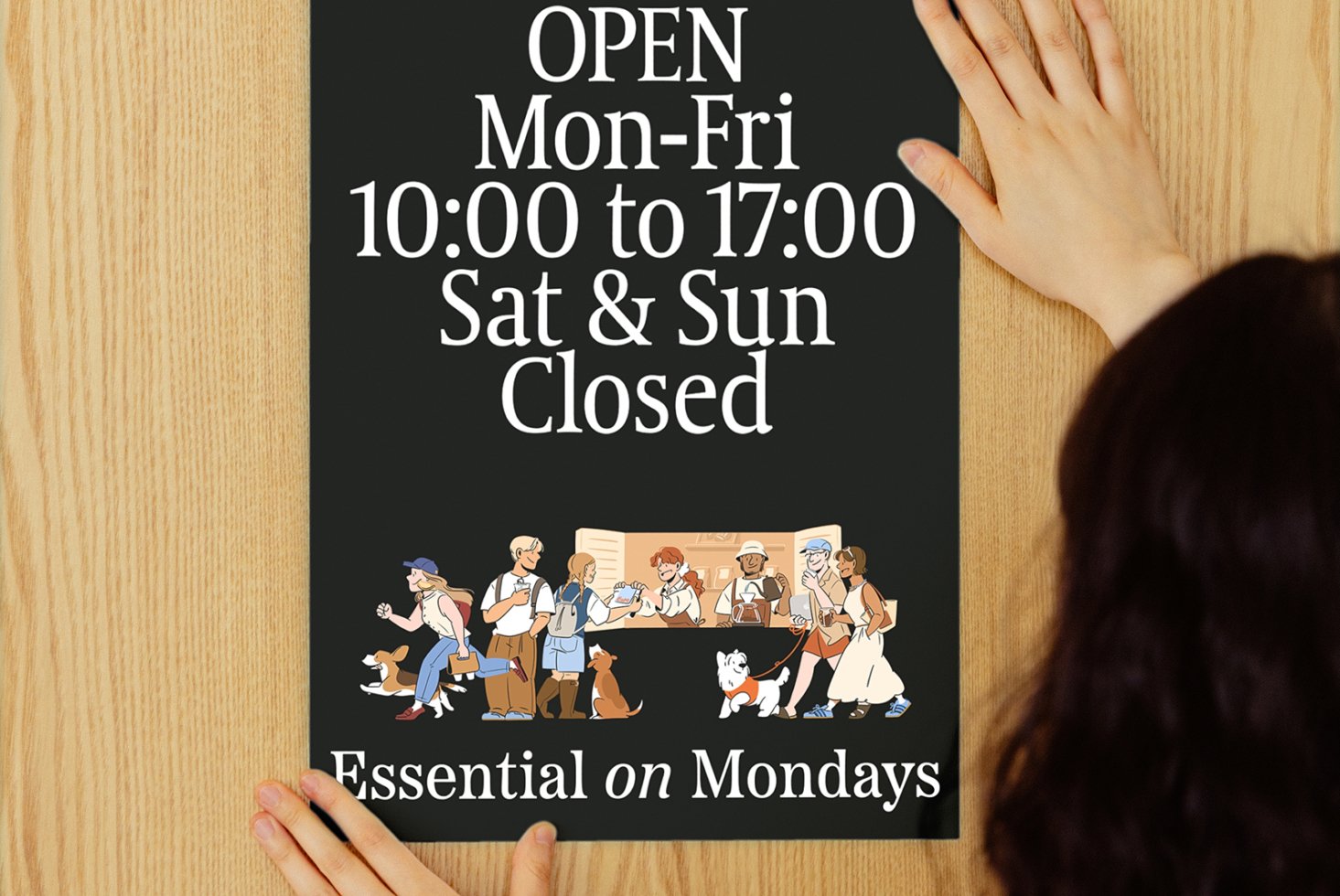 Black poster template with business hours in white serif font, illustrated people and dogs at counter, minimalist, suitable for store signage mockup.