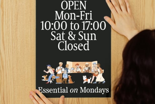 Black poster template with business hours in white serif font, illustrated people and dogs at counter, minimalist, suitable for store signage mockup.