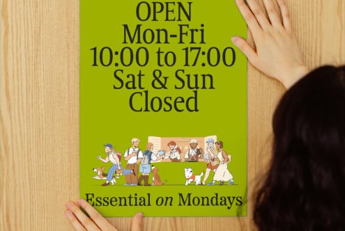 Green poster mockup with opening hours in black serif font Mon-Fri 10:00 to 17:00 Sat and Sun closed essential on Mondays cartoon illustration.