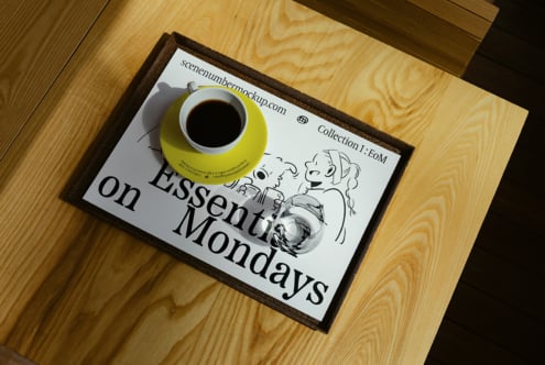 Wooden table with coffee cup on a yellow saucer over a graphic design mockup showcasing cartoon characters and bold text essentials for Mondays.