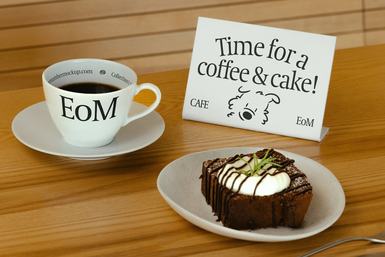 Coffee cup mockup with cake and sign promoting coffee and cake. Ideal for designers, menu templates, or cafe branding. Creative graphic design asset.
