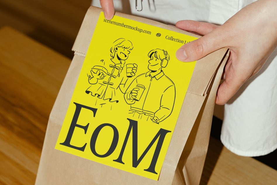 Yellow paper bag mockup with cartoon illustration and EoM text, perfect for designers asset marketplace, packaging template, branding visualization.