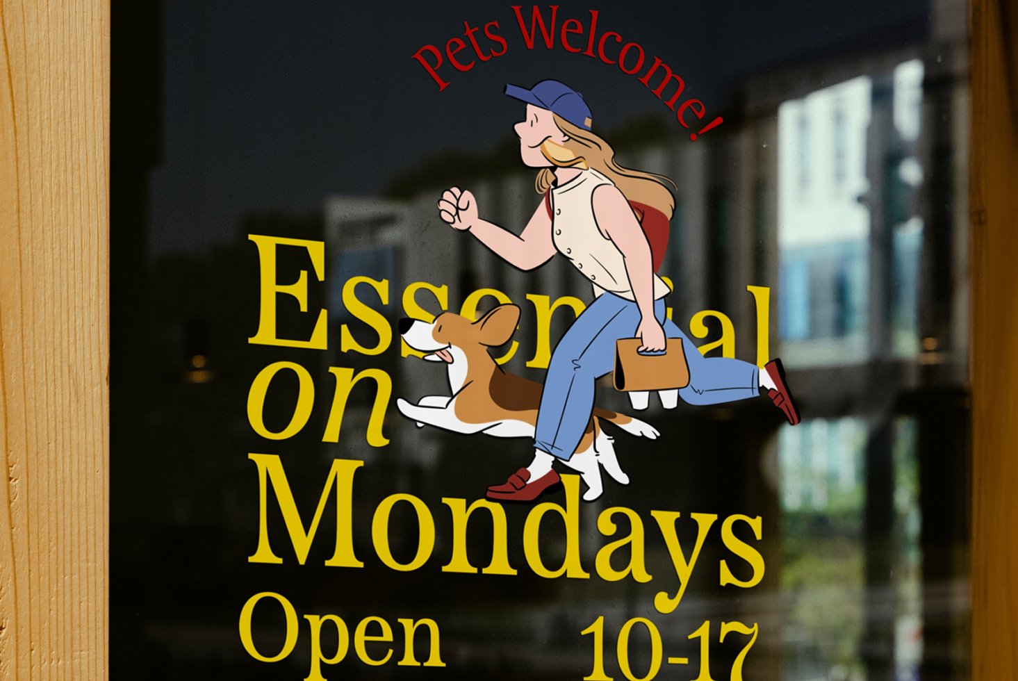 Shop window decal showing animated woman and dog with bold text Pets Welcome Essential on Mondays Open 10-17; suitable for graphic design projects.